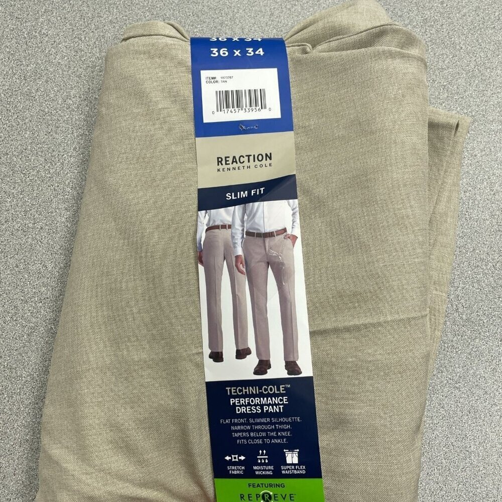 NEW Kenneth Cole Men's 36 X 34 Slim Fit Performance Dress Pants Flex Waist